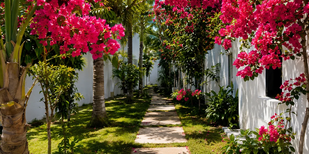 The villas behind the bougainvillea