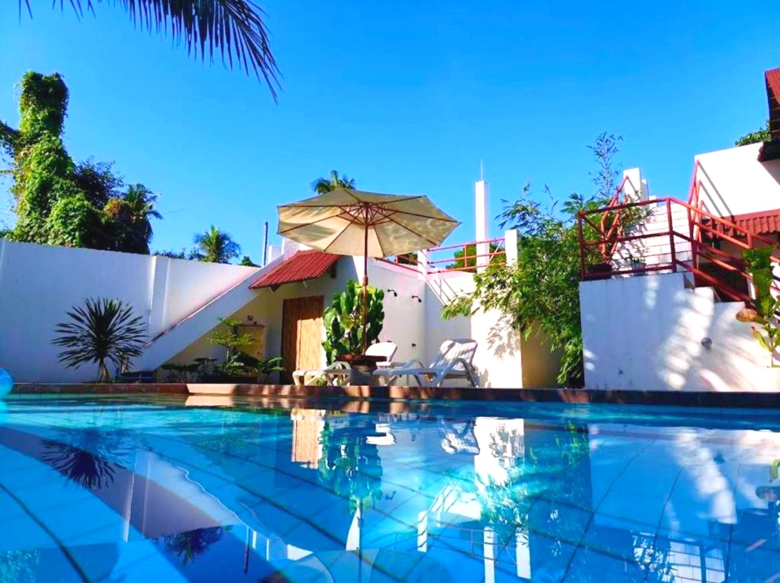 Sun loungers by the long pool